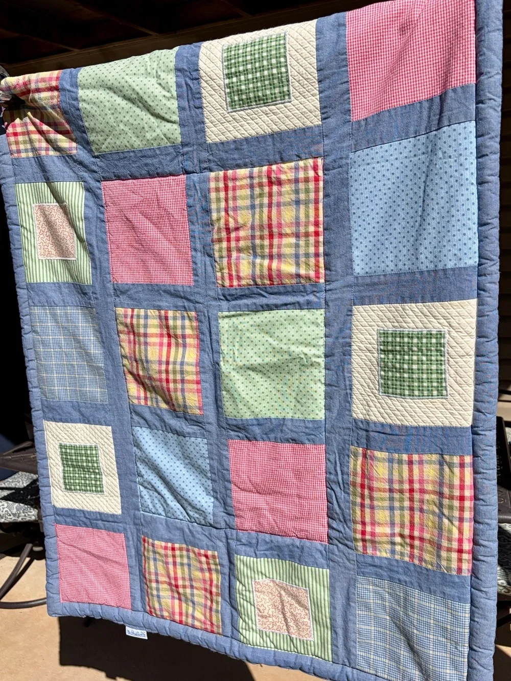 Vintage Sumersault Patchwork Baby Quilt 34x42 - Plaid Gingham Crib Nursery Quilt